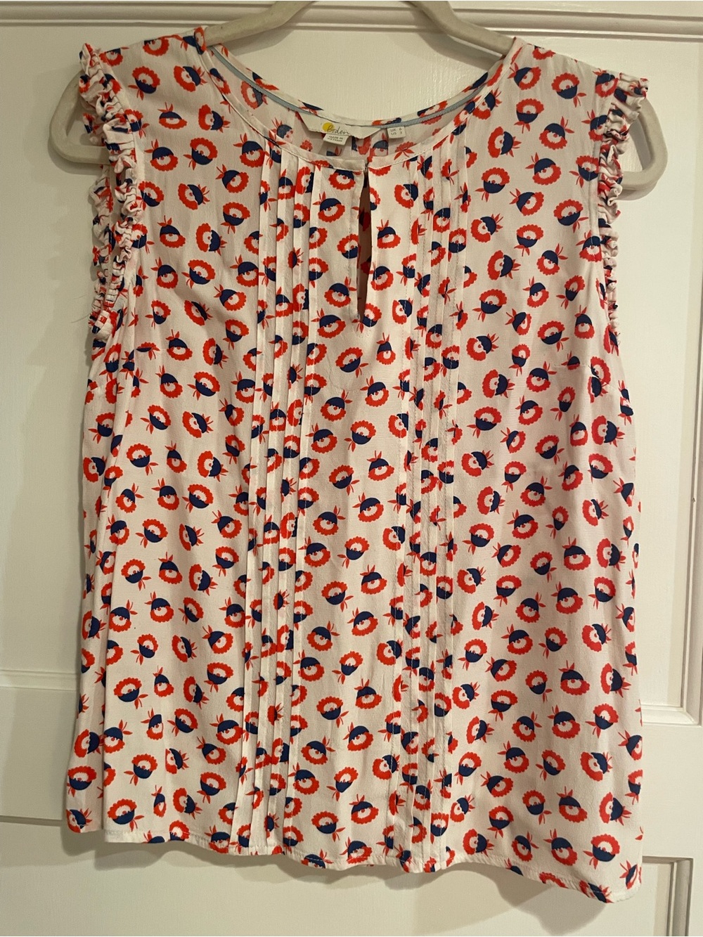 Boden White Sleeveless Pintuck Top with Red & Blue Floral Dots